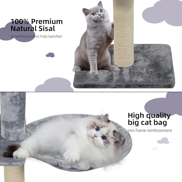 Котячий дерево Roypet, 221×116 см, сірий, стабільний, з регулюванням висоти, сидіннями та кріпленням, для котів