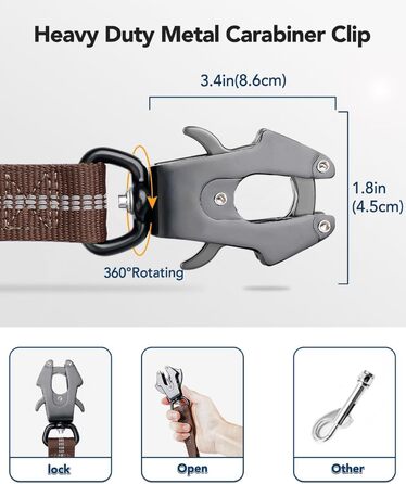 Тактична повідок для собак Joytale, еластична повідок з 2 м'якими ручками, страхувальний ремінь для автомобіля, повідок без ривка для собак середніх, великих та екстра-великих порід (1.2м-1.8м, коричнева)