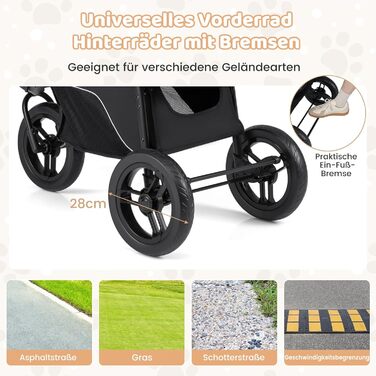 Візок для тварин Costway, розкладний, до 25 кг, для собак та котів, 3 колеса, регульоване сонцезахисне дах, сітчасте вікно, кошик та подушка, чорний