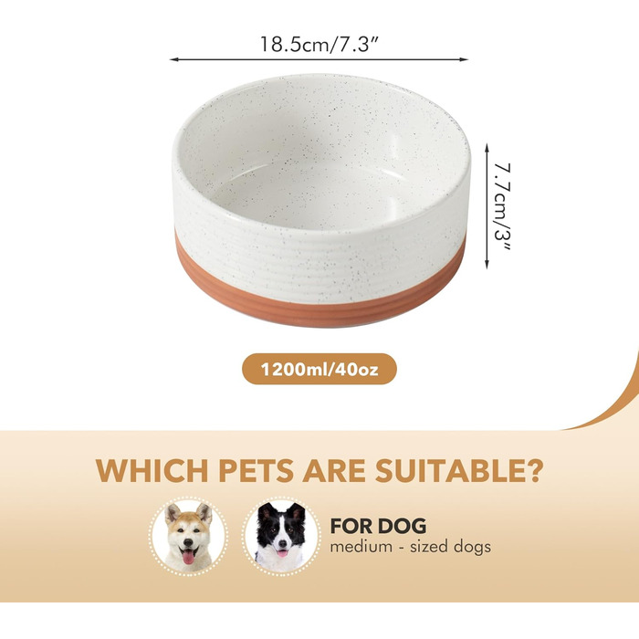 Керамічна миска для собак середніх порід, протиковзна, з основою, для корму та води, 18,5 см, 1200 мл, колір ванільне білий