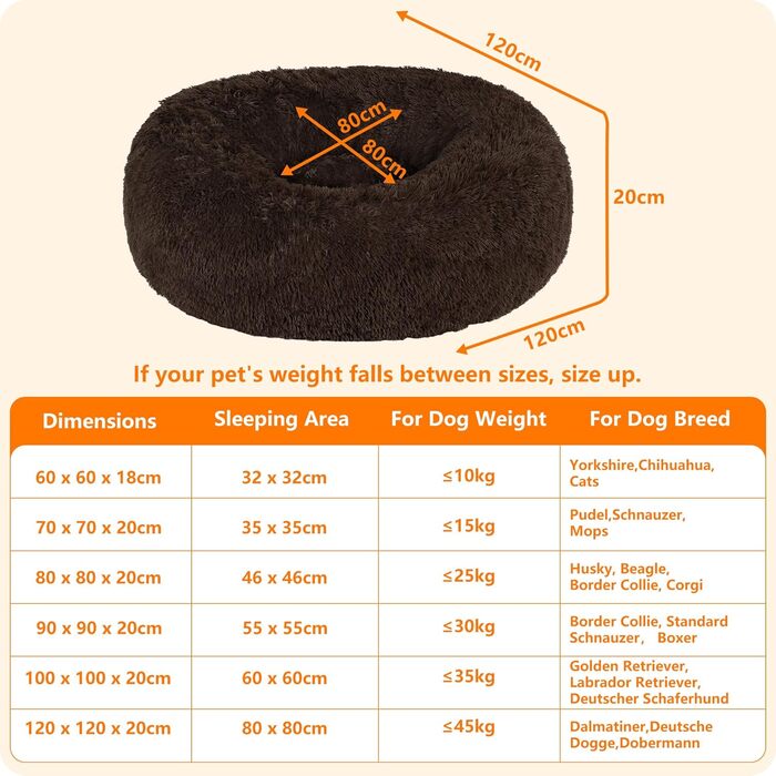 Ортопедичне ліжко для собак круглої форми, м'яке гніздо для собак та котів, зручне ліжко-лежанка, 70 см Ø, (120 x 120 x 20 см, Коричневе)