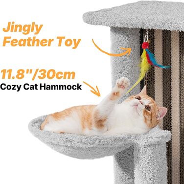 Кігтеточка Veehoo для котів, 90 см, сіра. Багатоярусна, стабільна, для дому. Ідеально для лазіння, ігор та відпочинку. Розміри: 44 x 34 x 90 см