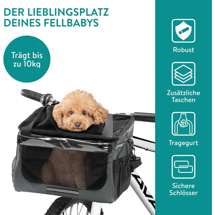 Корзина для собак Navaris на велосипед, спереду - сіра, до 10 кг, з додатковими кишенями