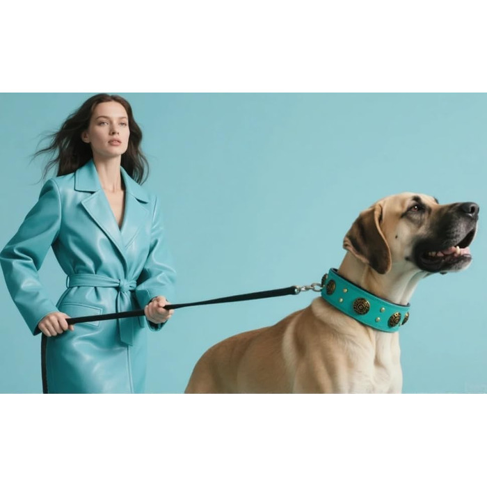 Нашийник для собак середніх порід Comfluxe з екошкіри, 5.1 см, міцний, з металевою застібкою, блакитно-зелений, з дизайном 