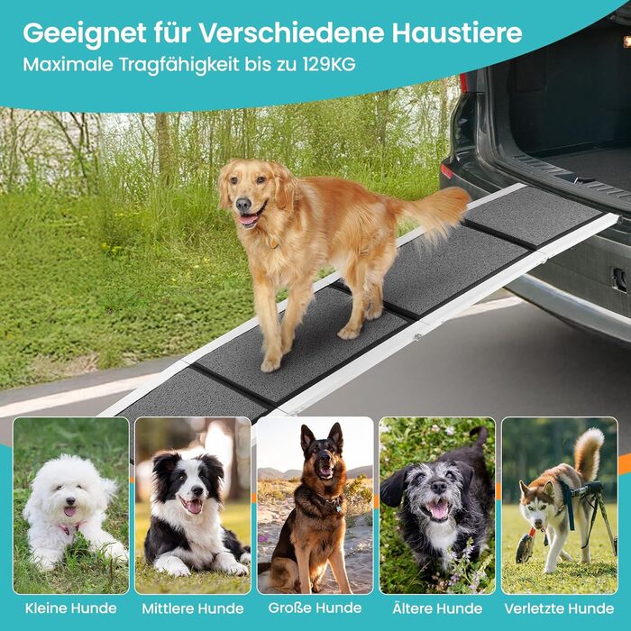 Рампа для собак DAISTERN від BSWAY, 170 x 44 см, складана, з м'яким килимом, алюмінієвий каркас з порошковим покриттям, для собак середніх та великих порід