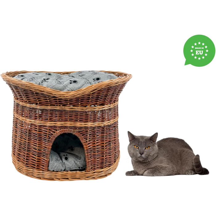 Плетений котячий кошик для сну 70 см, двоярусний, з сірою подушкою, для котів і собак, лакована верба