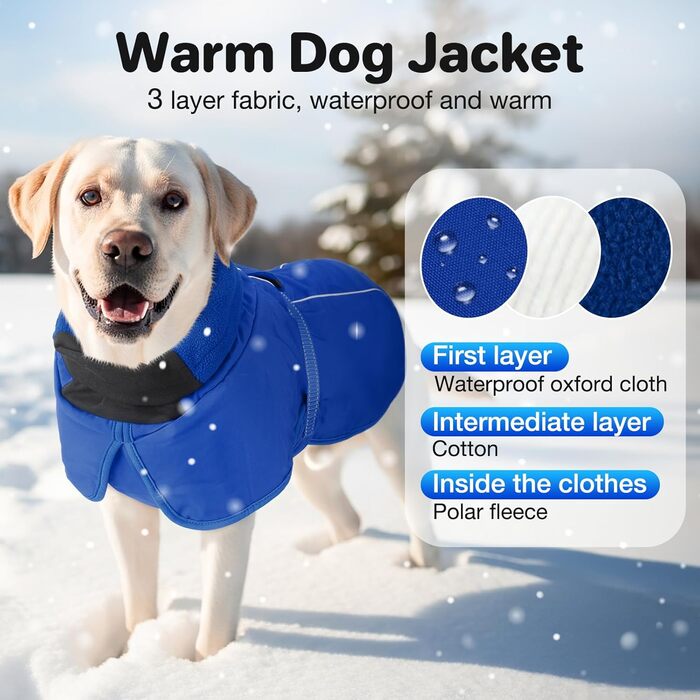 Водонепроникний зимовий теплий одяг для собак, куртка з високим коміром та флісовою підкладкою, регульована посадка, для середніх та великих порід, синій