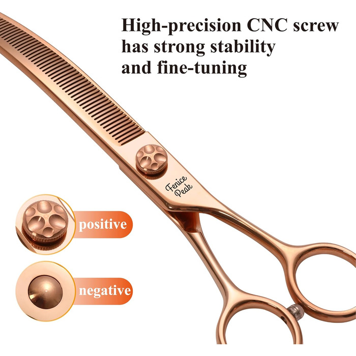 Професійна ножиця для грумінгу собак Fenice Peak, вигнута, 17.8 см, з надгострими лезами з 440C сталі, довговічна, плавне різання для собак та котів (рожеве золото)