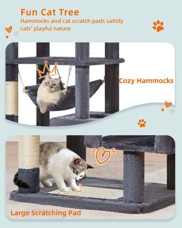 Дряпка для котів Taoqimiao MS020SG, котячий комплекс для дому, м'який будиночок з 6 стовпчиками, 2 лежаками, 2 домівками, гамаком і 3 іграшками-помпонами, сірий