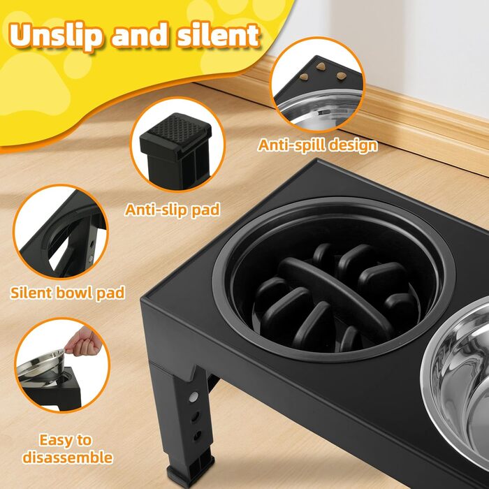 Підвищена годівниця для собак, регульована висота, великі породи - 2 x миска з нержавіючої сталі (1200 мл) + 1 x повільна годівниця (800 мл) - стійка станція для годування середніх/великих собак, чорний/сірий колір