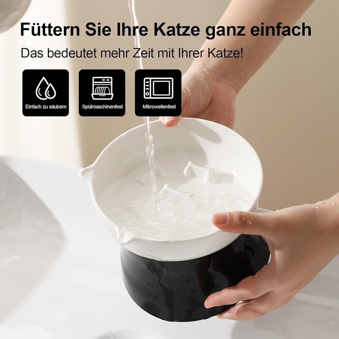 Антислизька годівниця для котів з кераміки, піднята - годівниця-лабіринт для повільного годування, нахилена проти блювоти, чорно-біла