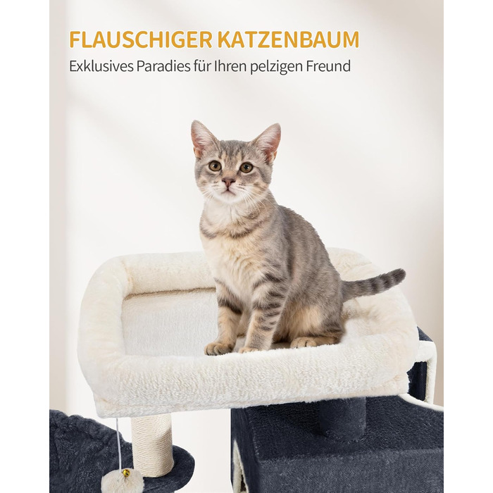 Дерево для котів Hzuaneri, 75 см, зі стійкою конструкцією, великою лежанкою, котячою печеркою, сизалевими стовпчиками, кошиком та іграшками, сірий колір