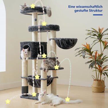Кігтеточка XXL для мейн-куна, 168 см, з гамаком, сизаловим стовпом (φ11 см), коморою, корзиною, 2 платформами, EMPJ01M (димно-сірий)
