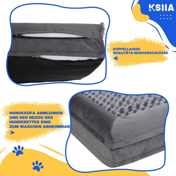 Ортопедичне ліжко для великих собак KSIIA 121x76x18 см, знімний і праний чохол, XXL диван із трьома піднятими бортиками, протиковзка основа, піна з бульбашками, сірий