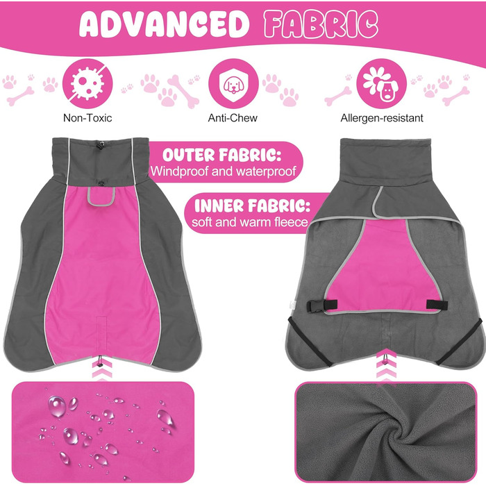 Водонепроникний собачий дощовик HezzLuv з світловідбиваючими смугами, отвором для повідка та флісовою підкладкою, можна прати в пральній машині, зимова куртка для собак маленьких, середніх та великих порід, теплий, вітронепроникний, легкий (Рожевий, Велик