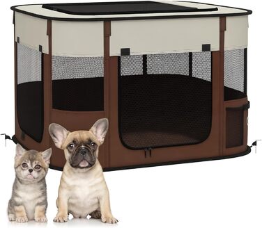 PawHut Вольєр для собак, переносна клітка-вольєр для домашніх тварин, складаний вольєр для собак та котів з сумкою для зберігання, 114 x 89 x 59 см, (Колір: Коричневий, Розмір: S)