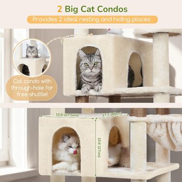 Кігтеточка та ігровий комплекс для великих котів, 209 см XXL, бежева, з 2 будиночками, великою платформою, 3 корзинами та 8 стовпчиками з сизалю, Globlazer