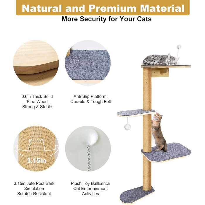 Кліматична стіна для котів Kratzbaum 125 см: 4 яруси, натуральне дерево, міцний фетр, для лазіння, дряпання та ігор