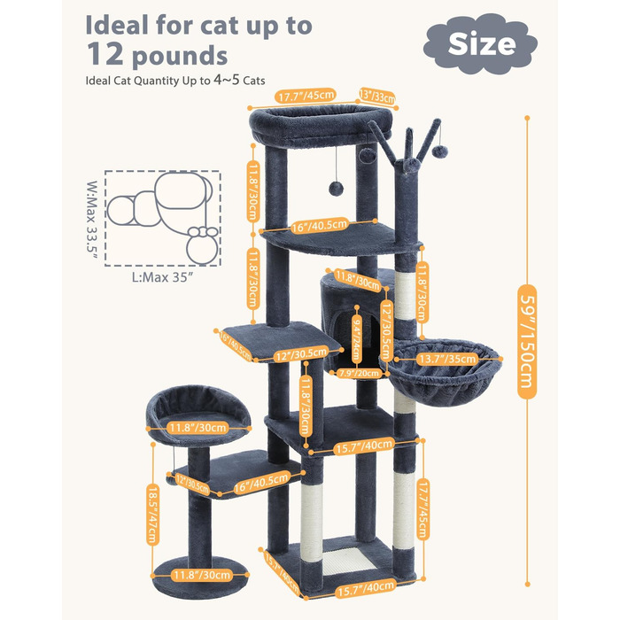 Котячий будиночок Petpela 150 см: багатоярусний котячий комплекс з гамаком, когтеточкою та стійками, сірий