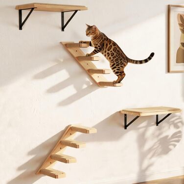 Комплект меблів для котів на стіну Katzen Kletterwand: драбинка, 2 полички для сну, 4 ступені, сосна