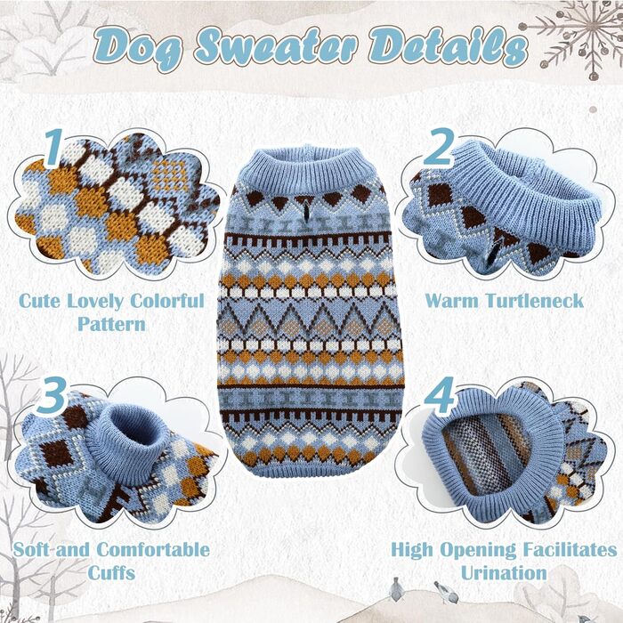 Теплий пуловер для собак середнього розміру Hjumarayan Boho, синій (L). З отвором для шлейки, підходить для Французького бульдога та Лабрадора.