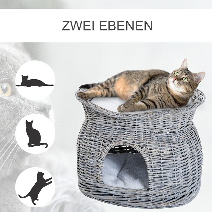 Котяча хата PawHut з ротангу з 2 м'якими подушками, кошик-будка для котів з водяної гіацинти, сіра, 56x37x40 см, для вітальні