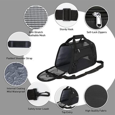 Транспортна сумка для котів та собак, L (50 x 23 x 34 см), чорна, водонепроникна, з сітчастими вікнами