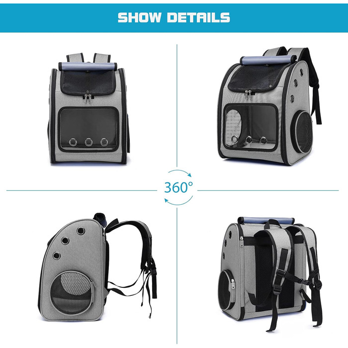 PETCUTE Рюкзак для собак і котів, дихаючий, знімний килимок, складаний, регульований, сірий