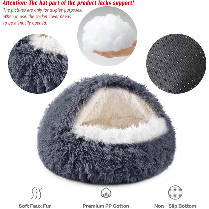 Кругле собаче ліжко NOYAL з капюшоном для маленьких та середніх тварин – плюшеве, м'яке, заспокійливе ліжко-печера для котів та собак (велике 70 см, сірий темно-сірий)