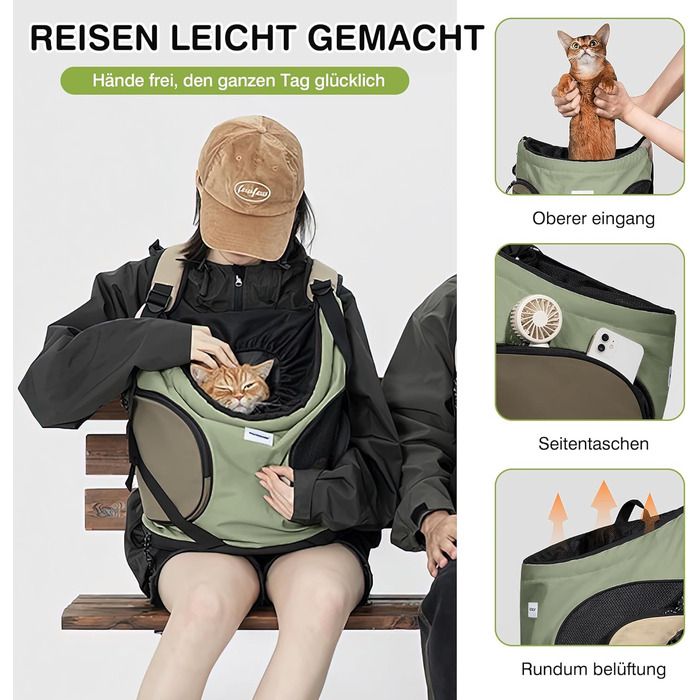 Рюкзак-переноска для собак та котів ALLSOPETS, зручний та дихаючий, з інтегрованим ремінцем безпеки, для подорожей та прогулянок (Оливковий)