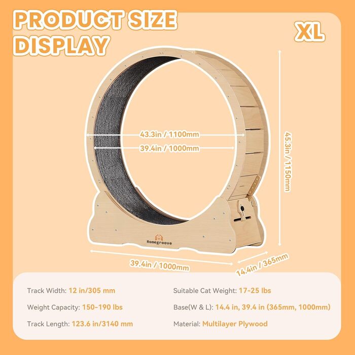 Ляльковий біговий диск для котів Homegroove, 113 см, XL, натуральне дерево, для зниження ваги та здоров'я
