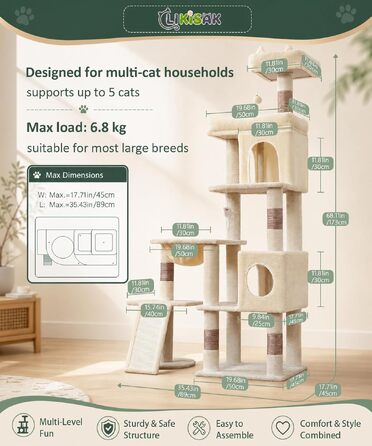 Комплекс для котів Kratzbaum XL 173 см бежевий: Дряпка, будиночок, платформа, кошик, сизаль