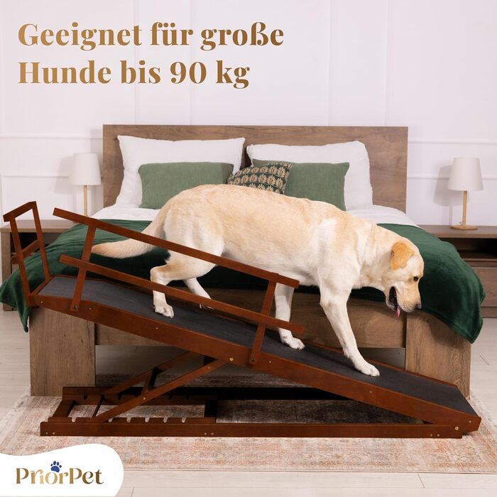 Східці для собак до ліжка з поручнями - для великих собак до 90 кг - регульована висота до 94.5 см - ширина 49,5 см - складані - антиковзні ручки - береза - натуральний колір (волоський горіх)