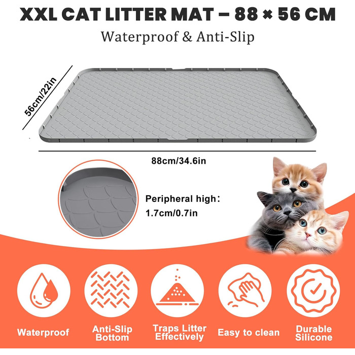 Килимок для котів Silikon Katzenklo XXL 88x56 см сірий - водонепроникний, антиковзкий, легкий у догляді для мисок та лотка