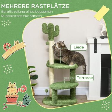 Когтеточка для котів PawHut Кaktus 111 см, 2 рівні, з іграшкою-м'ячем, лежанкою, для котів до 10 кг, котячі меблі, сизаль, зелена