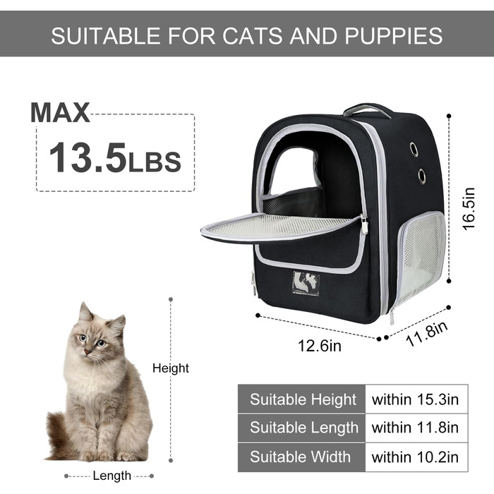 Рюкзак-переноска для котів та собак, дихаючий, для маленьких та середніх тварин, чорний
