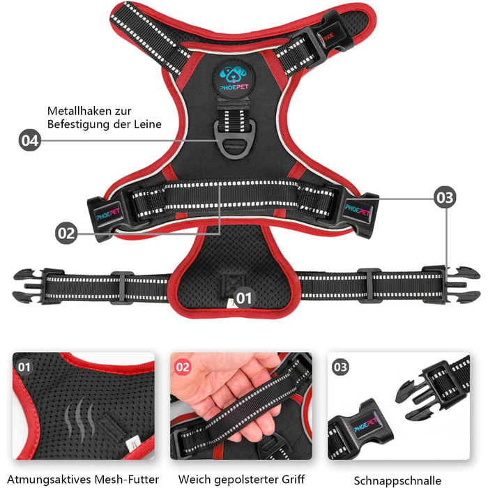 Шлейка безпеки для собак середніх та великих порід PHOEPET з м'якою ручкою та світловідбиваючими елементами (Чорний, M)