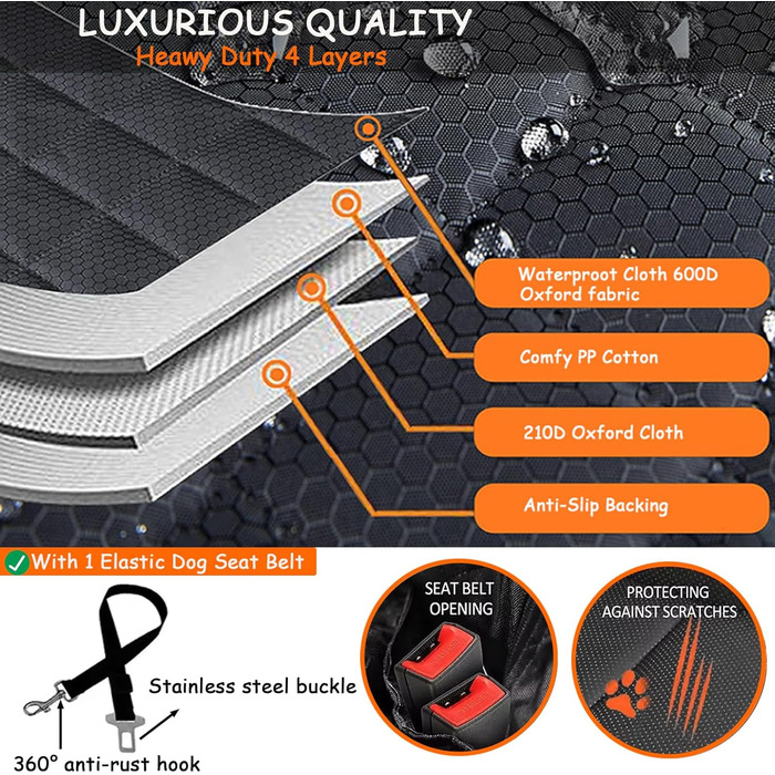 Захист для автосидіння для собак 4-в-1, чорний. Водонепроникний, стійкий до подряпин, антиковзаючий. Підходить для всіх авто, SUV.