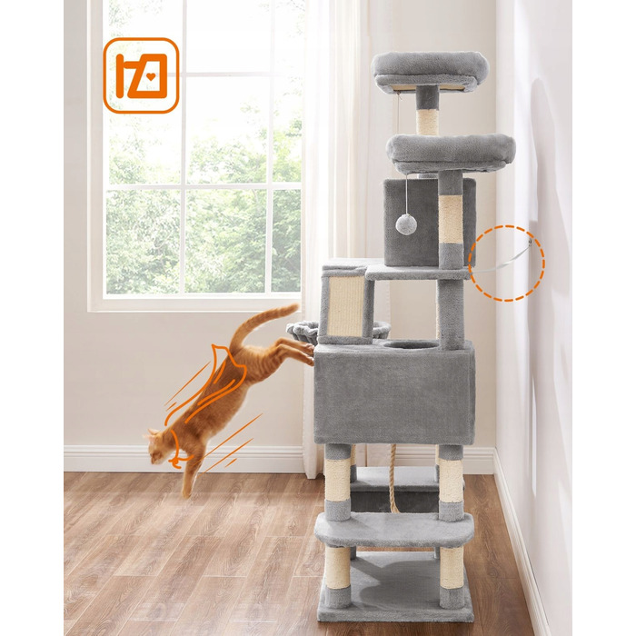 Скребниця для котів Feandrea, сіра, 161-220 см, 5 рівнів, сизаль