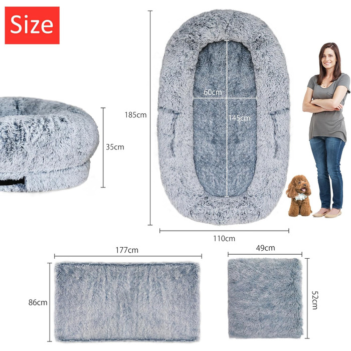 Ліжко для собак Jolitac 6XL, розмір для людини, сіре, 185x110x35 см. Зручне, миється, для великих собак та людей