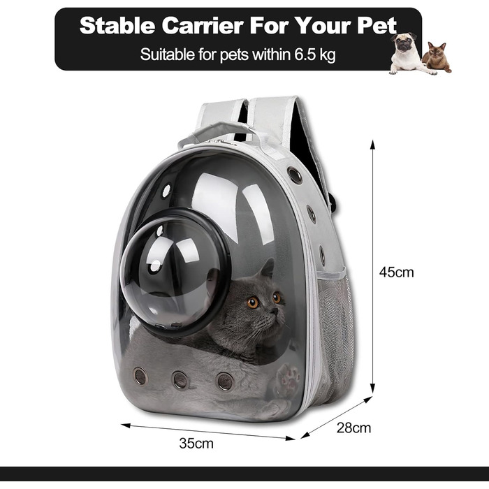 Рюкзак для кота/собаки Galatée, переноска для домашнього улюбленця, водонепроникний, прозорий, чорний, 35*45*28 см