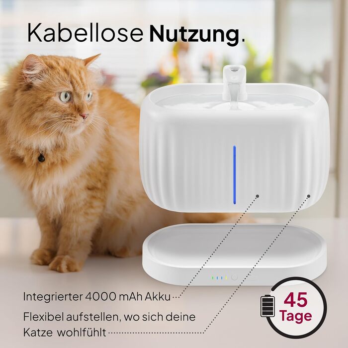 Турбофонтанчик для котів Pretty Paw з датчиком руху, бездротовий, 45 днів роботи від акумулятора, фільтр, 4 л, BPA Free (білий, 3 л)