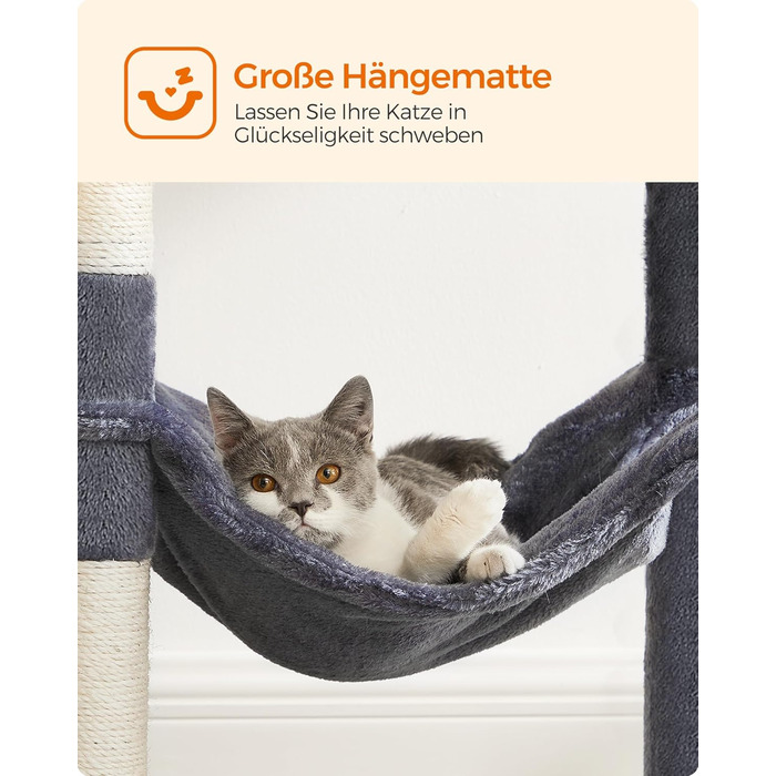 Дім-кіготник для котів Feandrea, 143 см, з 4 стовпчиками для шліфування, 2 платформами, гамаком, печерею, сірий, PCT161G01 L (55 x 45 x 143 см)