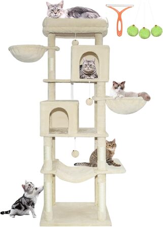 Котячий комплекс LEEJARD XXL: великий дерев'яний будиночок з платформами, когтеточками, будиночком, гамаком, іграшками та захистом від перекидання (180 см, бежевий)