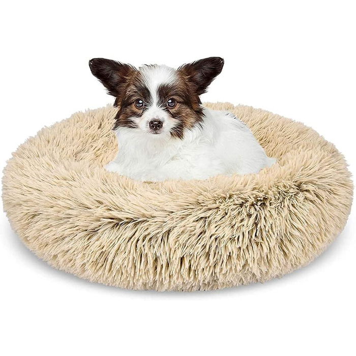Заспокійливе ліжко для собак, у формі пончика, з плюшу, з блискавкою, придатне для прання в пральній машині, для маленьких собак, котів, кошенят та цуценят, 50 см (M/60 см, Бежевий)