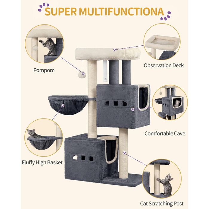 Дерево для котів Hzuaneri, 98 см, зі стійкою конструкцією, великою лежанкою, котячою печерою, сизалевими стовпчиками, кошиком та іграшками, сірий колір MS10018SG