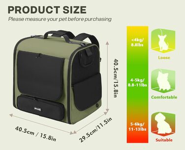 Рюкзак-переноска для котів та маленьких собак Pecute, темно-зелений. З вентиляцією, міцний, ергономічний, для подорожей, кемпінгу та походів.
