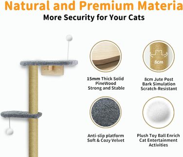 Кліматична стіна для котів Kratzbaum 125см: 4 яруси, натуральне дерево, міцний фетр, сірий колір