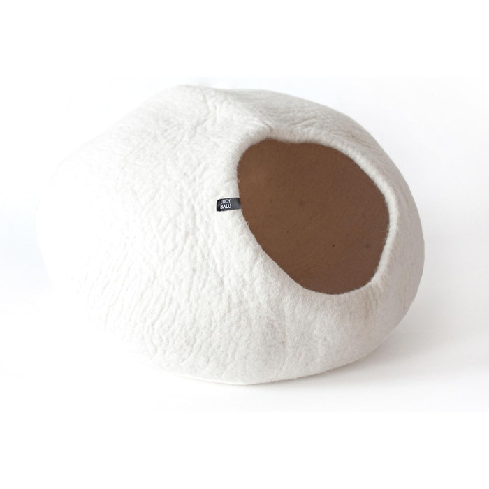 Преміум котяча печера LucyBalu® з фетру | Натуральне котяче ліжко з 100% пухкої вовни | Фетрова печера для котів ручної роботи в Непалі | Затишна котяча печера | 45x45x28 см | Білий