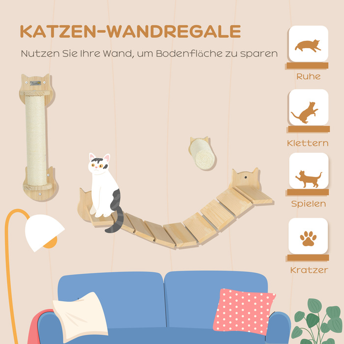 PawHut Cat Набір скеледромів, меблі для кішок з 3 предметів з котячим деревом, сходинка, драбина, настінна кігтеточка для котів до 5 кг, виготовлена з сосни, натурального дерева | Аосом